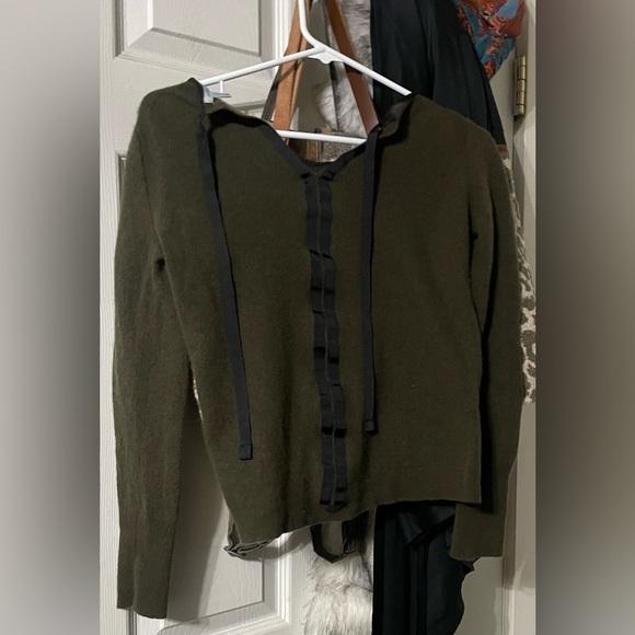 Jigsaw Dark Olive Crew Neck Lambswool Blend Sweater Tie Back Cropped Fitted - Picture 2 of 9